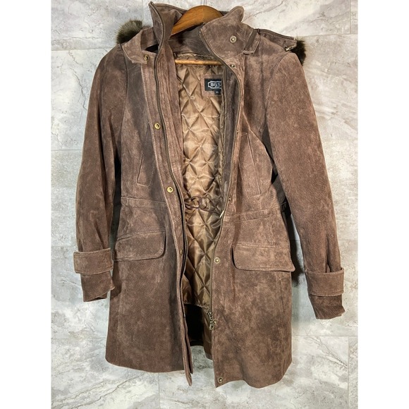 BGSD Womens Brown Suede Parka Jacket Fur Trim Hood Quilted Lined Coat M - Picture 3 of 16